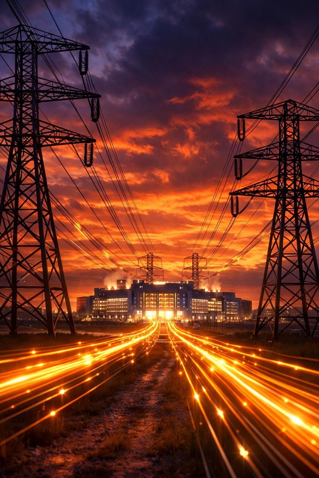 Power transmission lines supplying electricity to data center showing massive energy demand