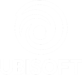 White Ubisoft logo with a spiral icon above the word 'UBISOFT' on a black background.