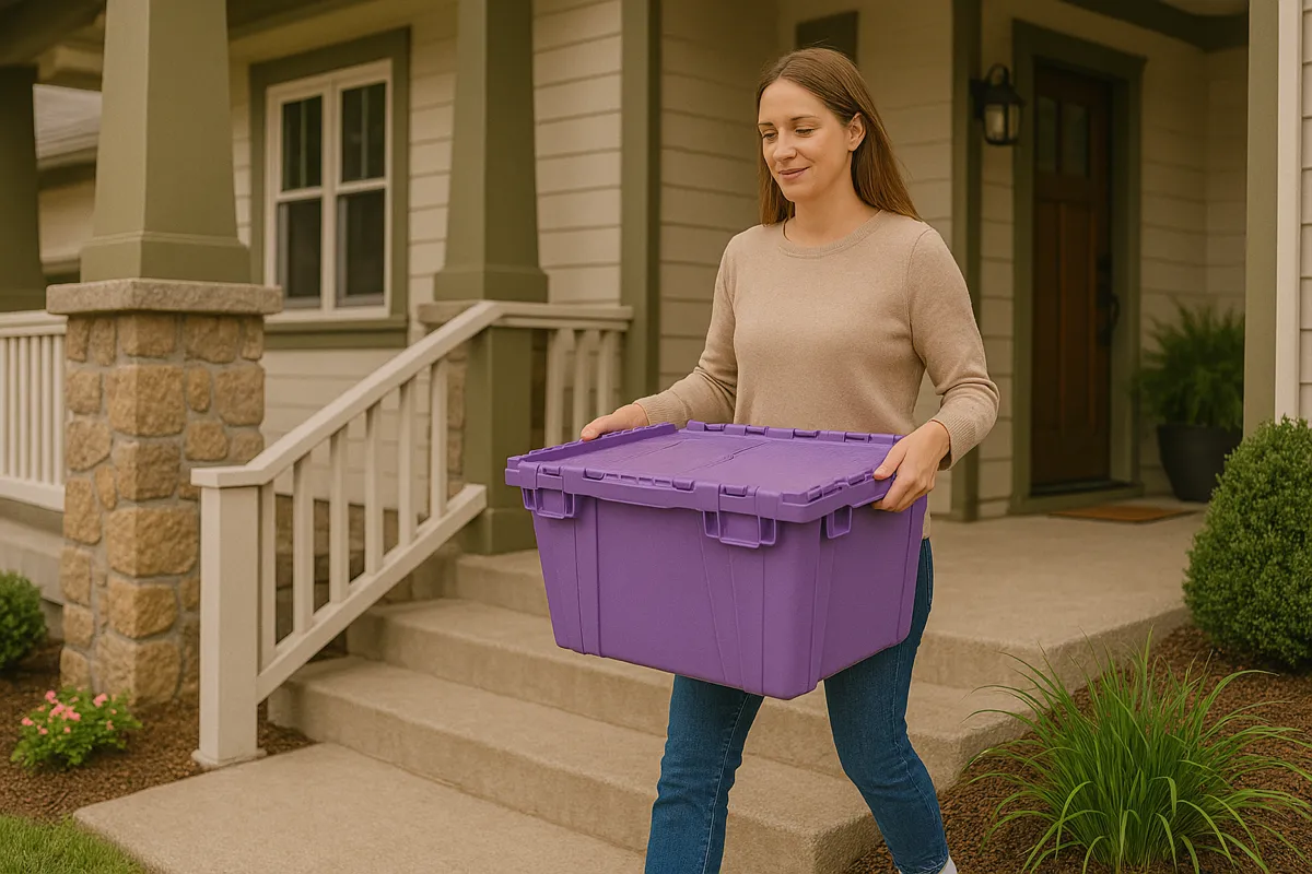 Happy woman stepping outside her house carrying a purple box