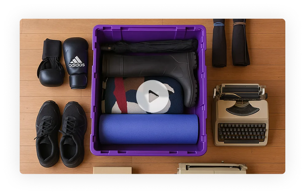 Top-down image of a purple box with items inside and spread out around it. 