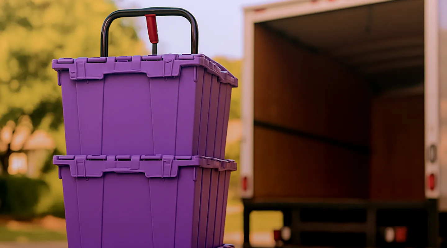 Purple boxes set outside. Empty transport trailer in the background