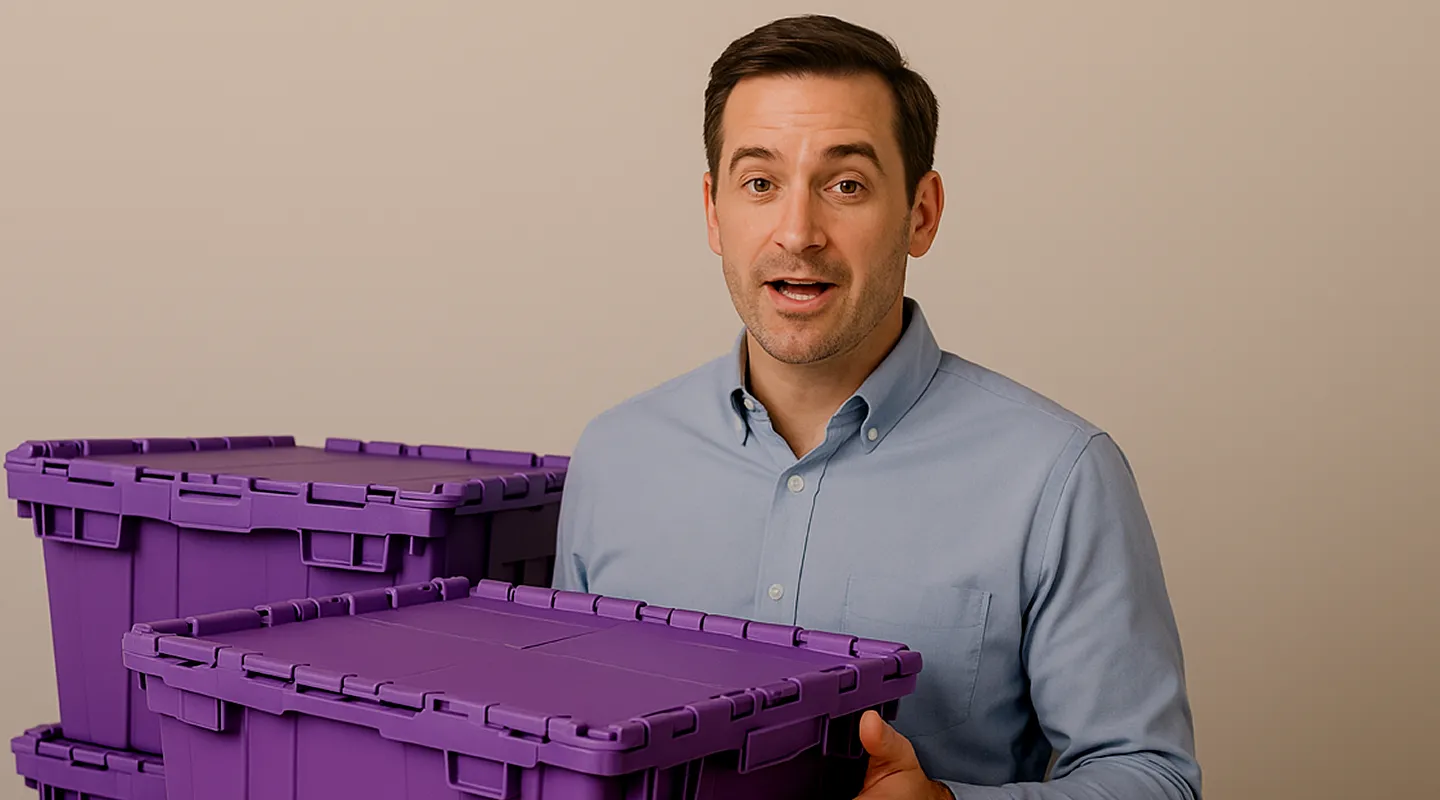 Happy man holding his purple boxes