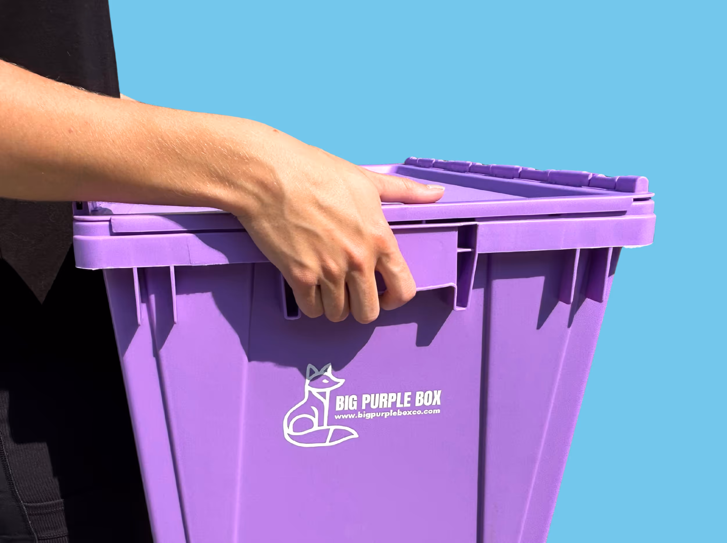 Close-up shot of person carrying a Purple Box