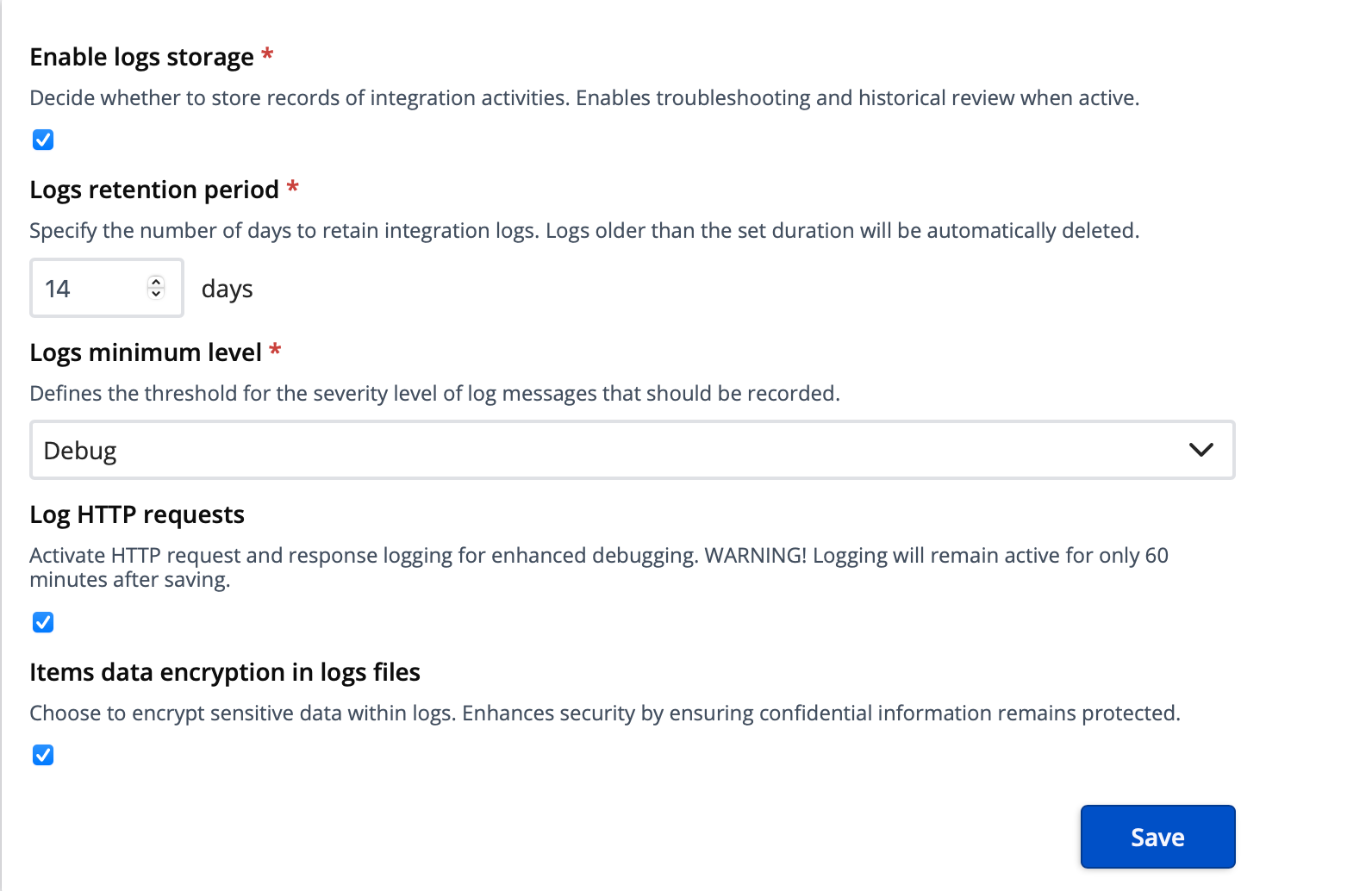 Getint security integrations: enabling logs encryption