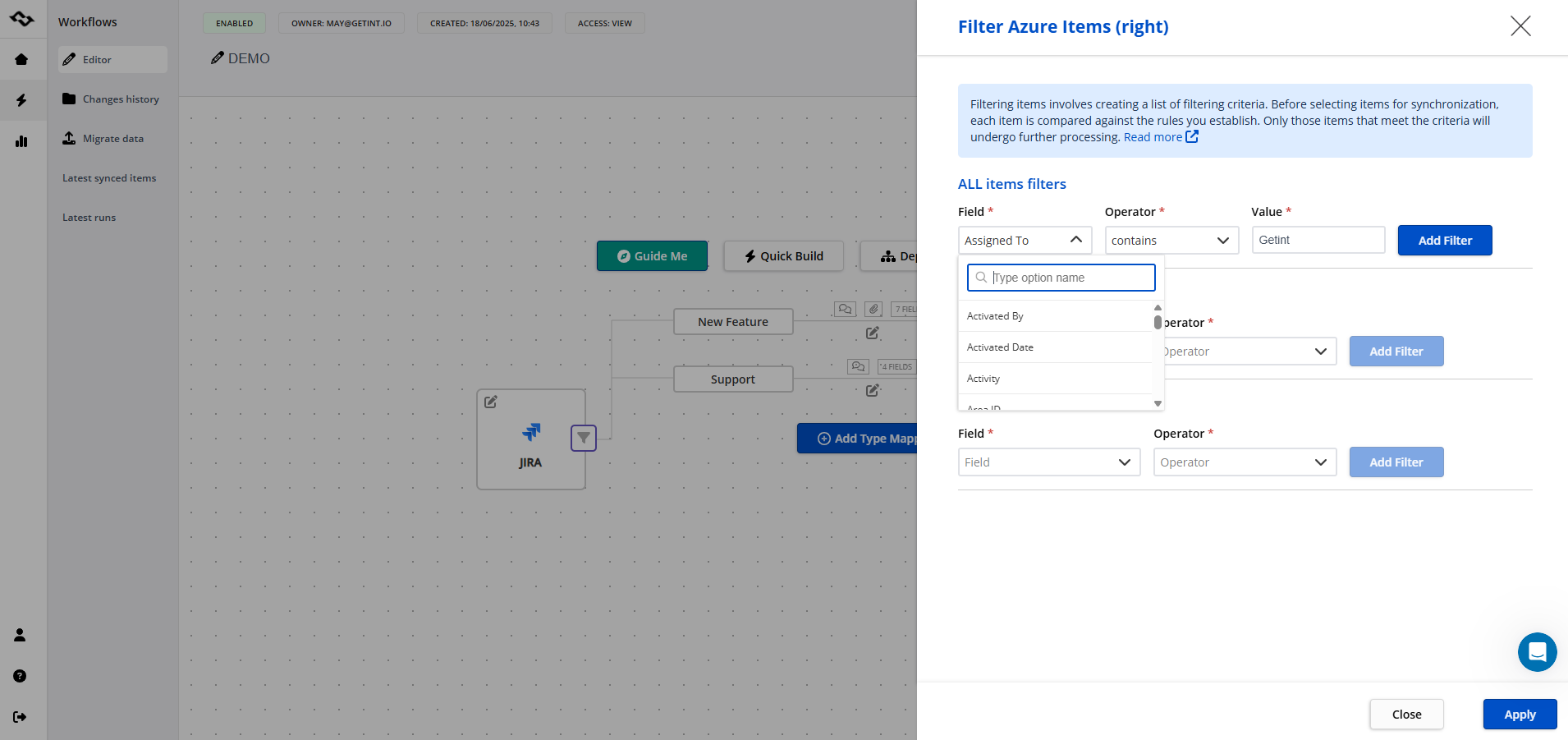 Azure DevOps Jira integration filtering items