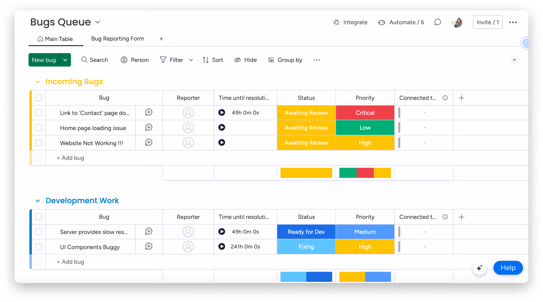 Monday Dev Bug Tracking