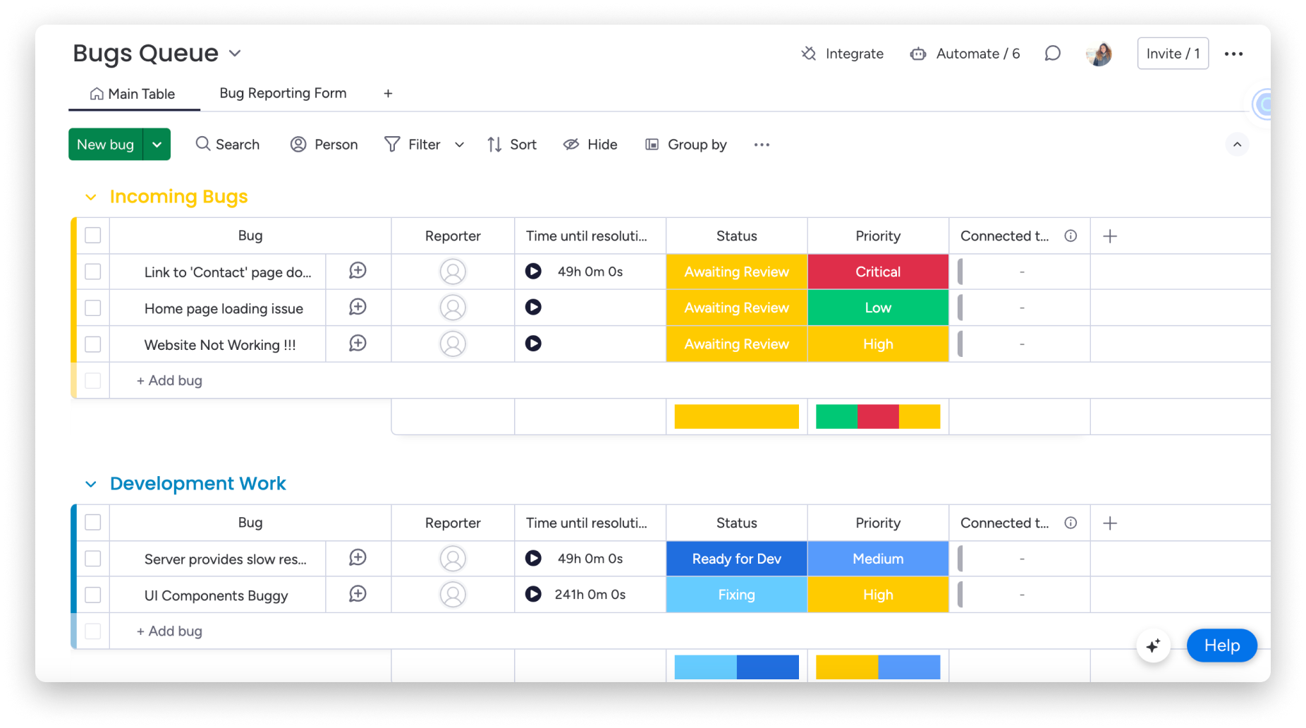 Monday Dev Bug Tracking