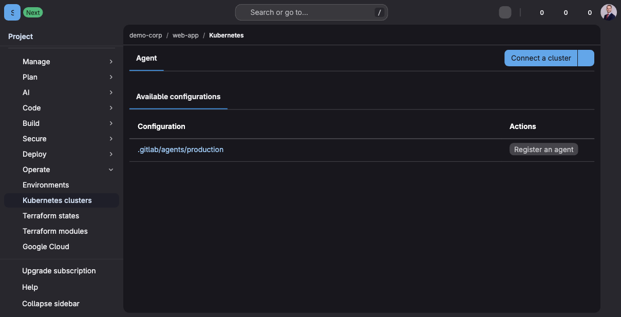 GitLab detects the agent configuration file and offers a Register an agent button