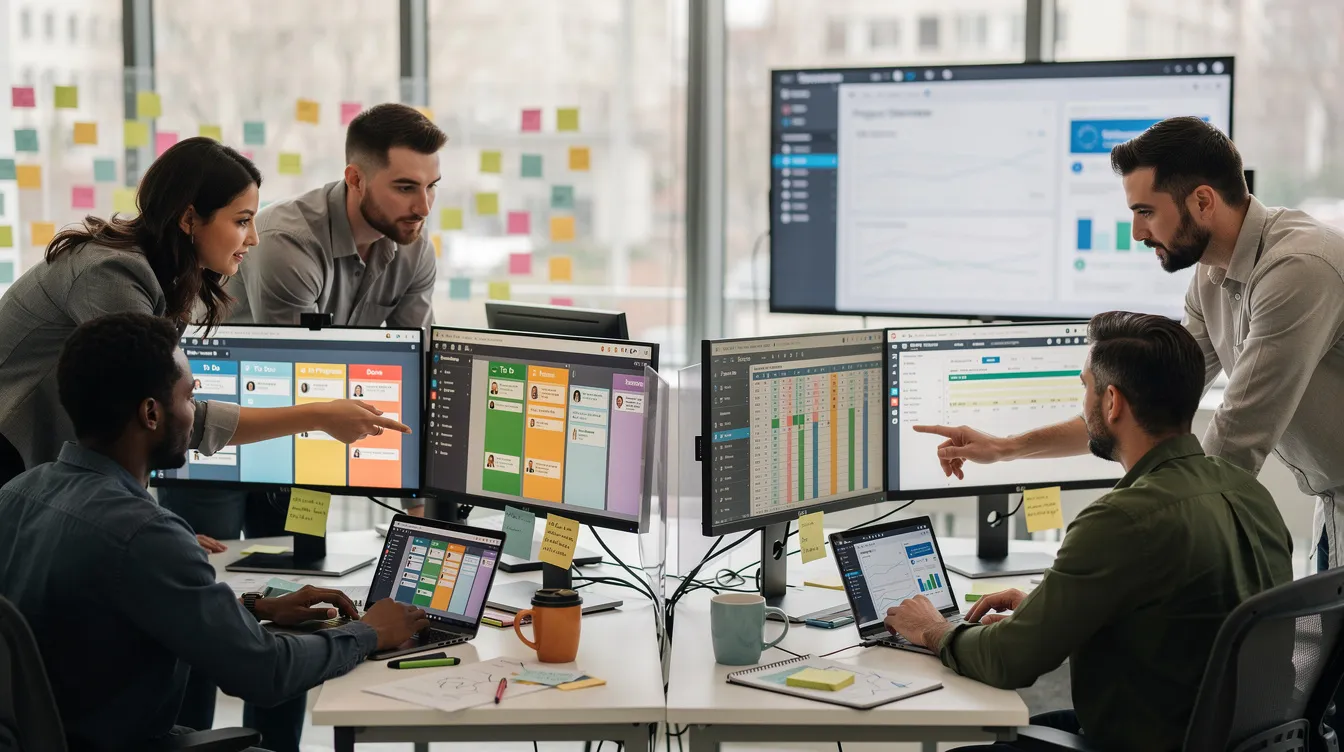 The image depicts two software development teams collaborating, with multiple monitors displaying various project management dashboards, including Azure DevOps and Jira integration tools. This setup highlights seamless collaboration and development progress tracking among distributed teams using both Azure DevOps and Jira for effective project management.