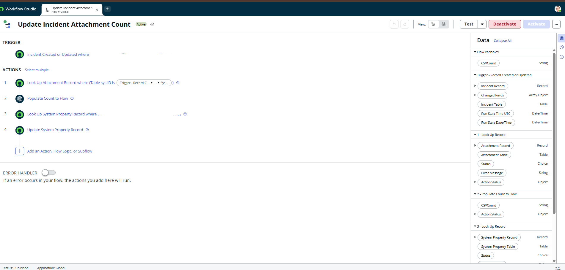 A simple Flow Designer flow showing a trigger, actions, flow variables, and execution data.