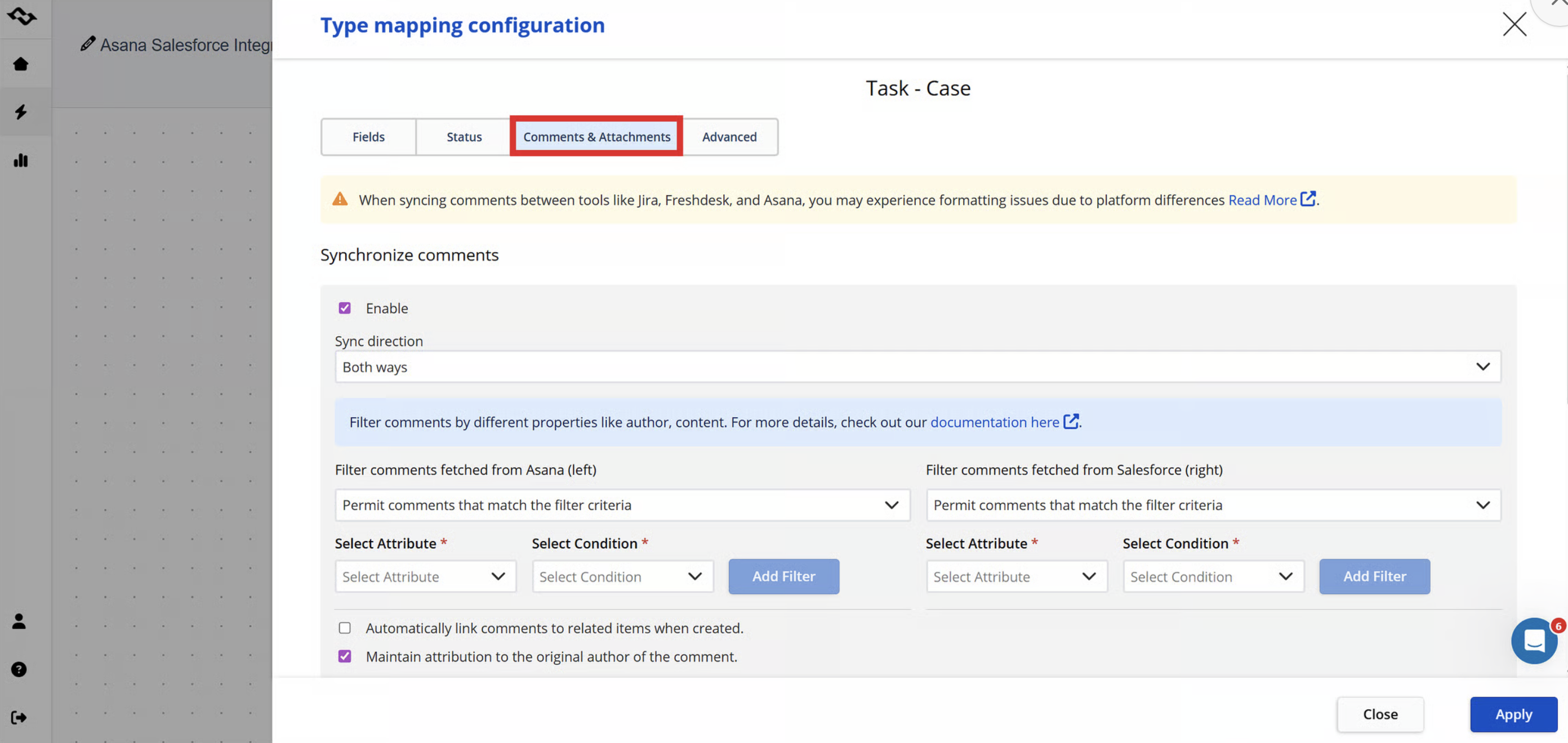 Asana and Salesforce comments sync direction