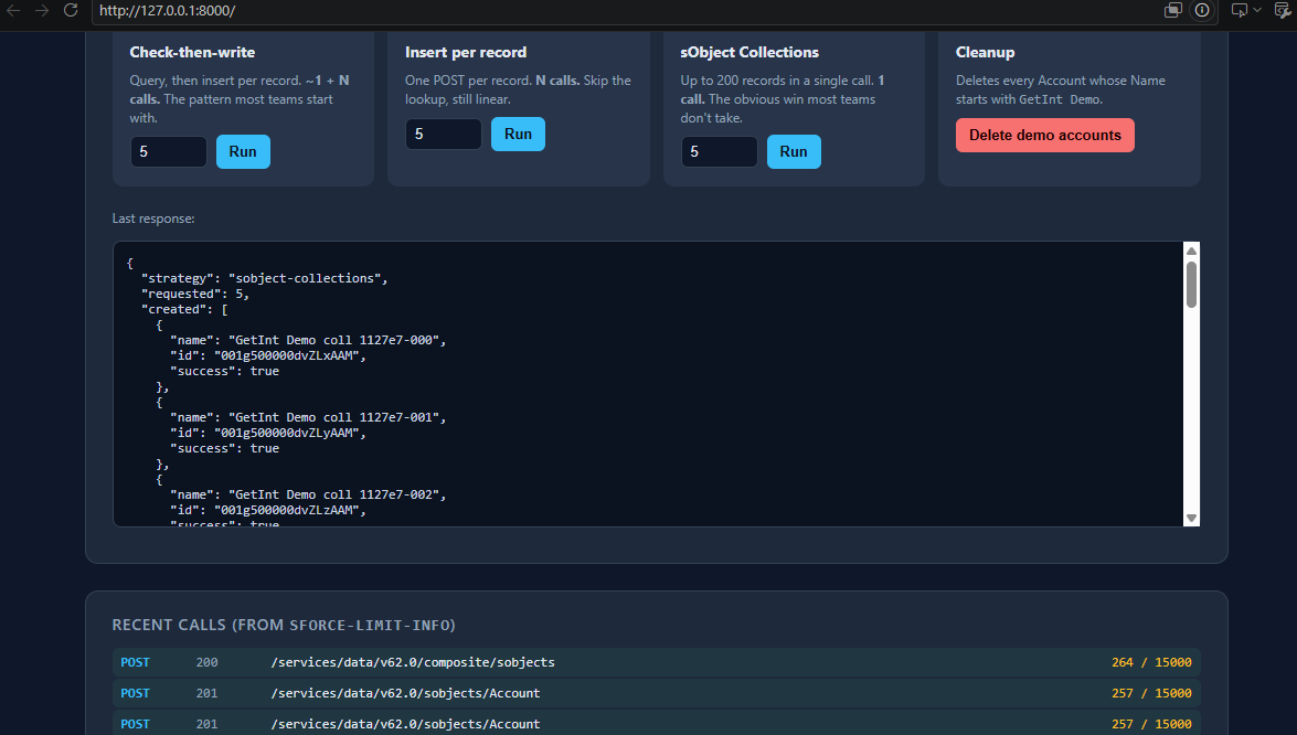 Dashboard showing five Salesforce records created in a single sObject Collections API call
