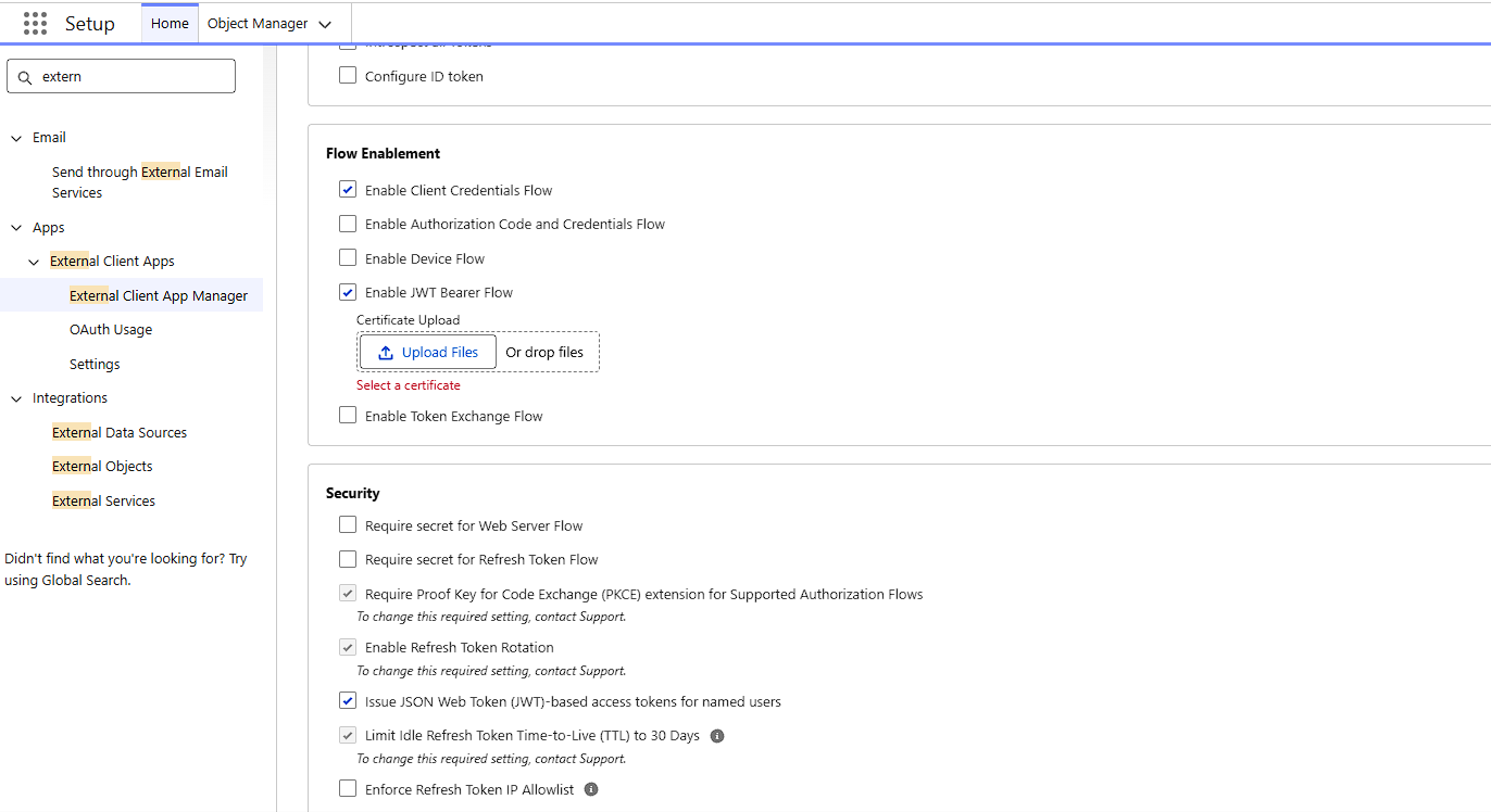 External Client App Flow Enablement settings with Client Credentials Flow enabled