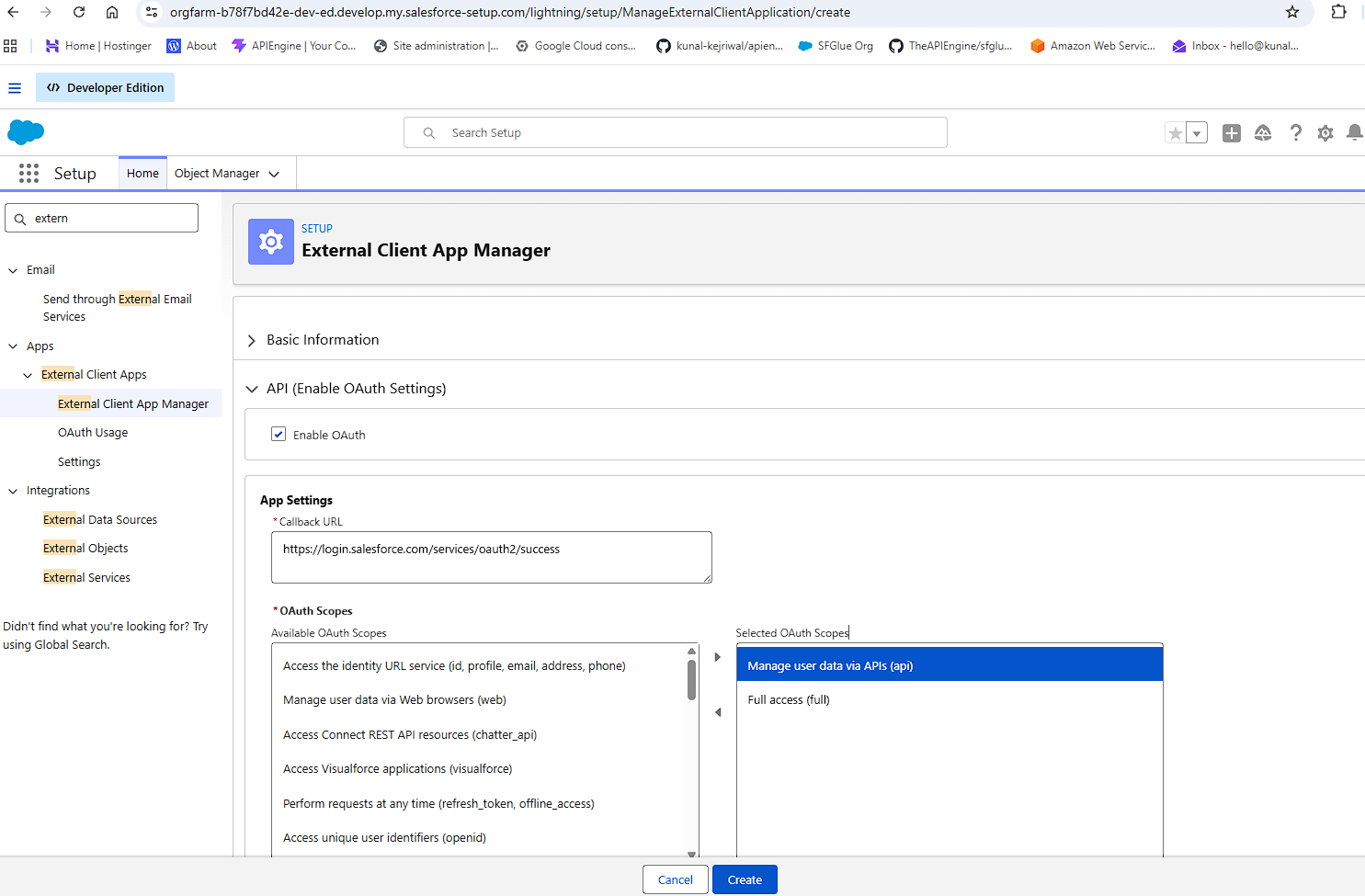 Creating a Salesforce External Client App with OAuth enabled, callback URL, and the api scope selected