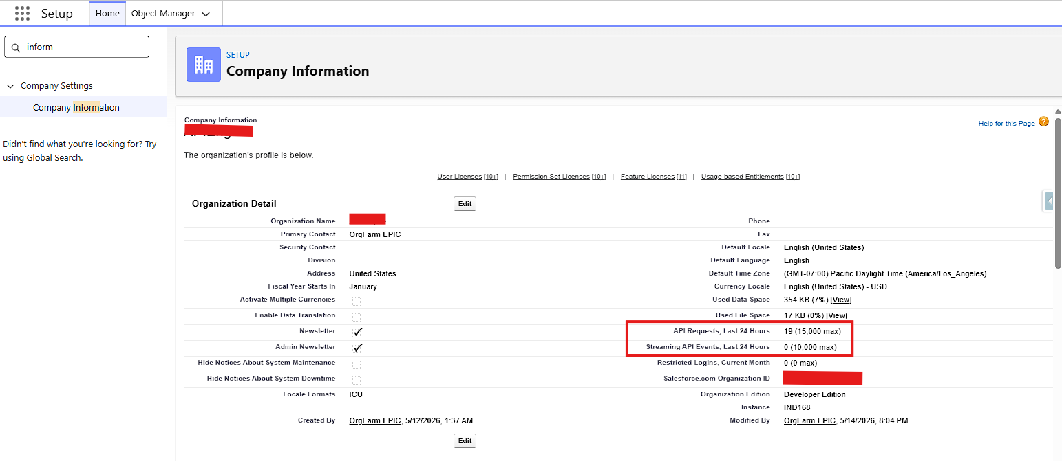Salesforce Company Information page showing API Requests Last 24 Hours against the 15,000 Developer Edition limit