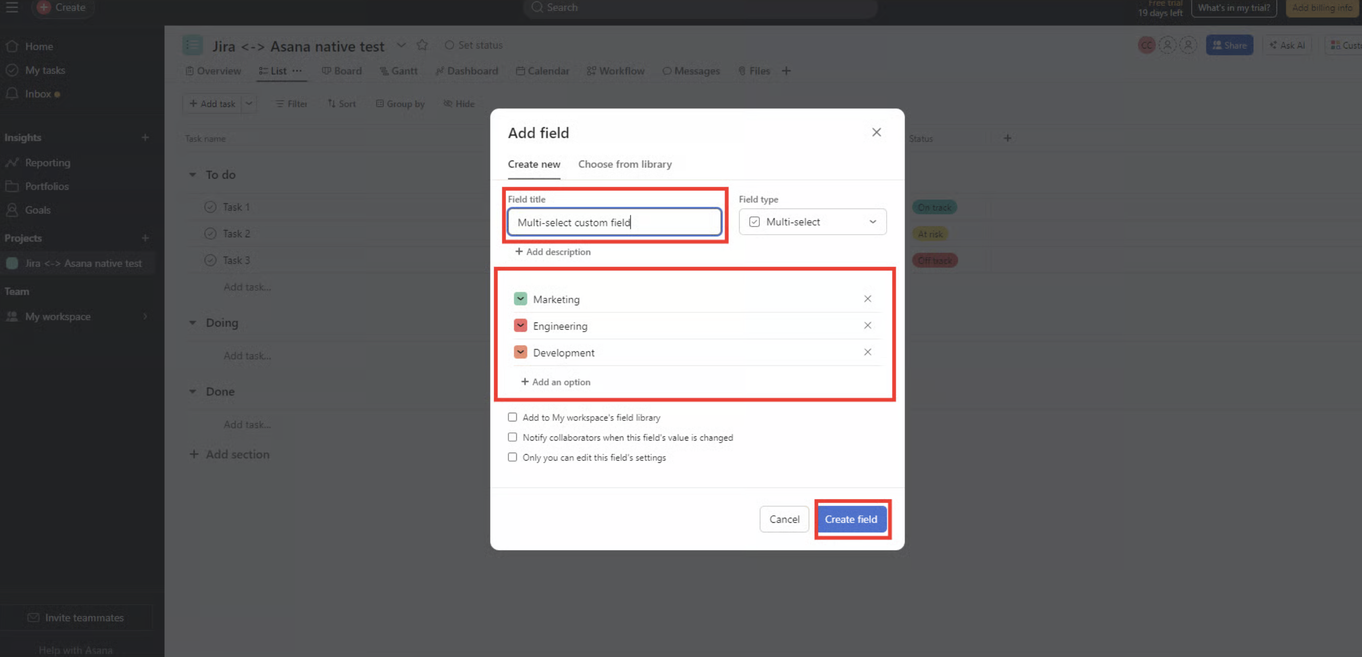Asana custom field set up