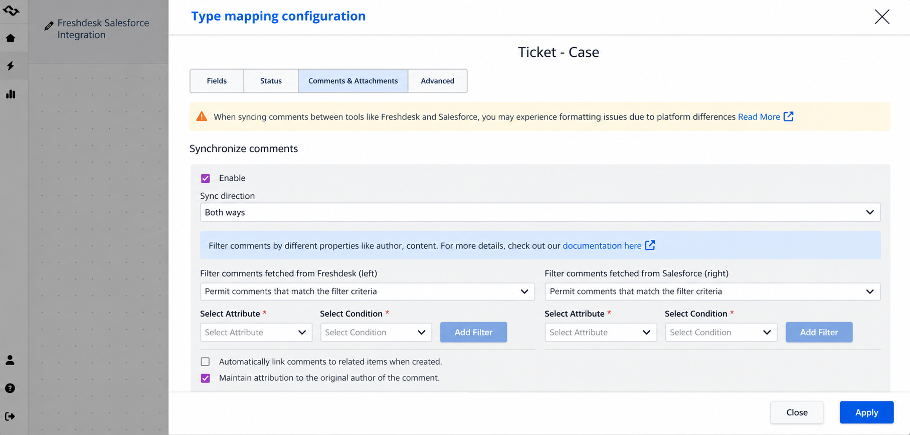 Mapping types of work items between Freshdesk and Salesforce