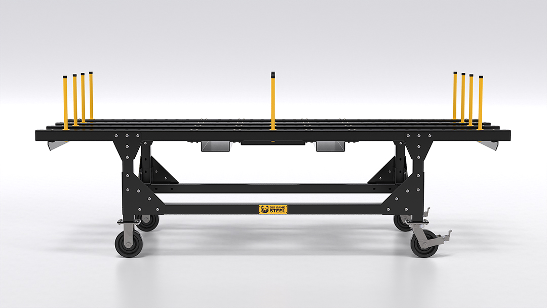 Forklift using the Big Game Steel Pin Table to depalletize sheet metal