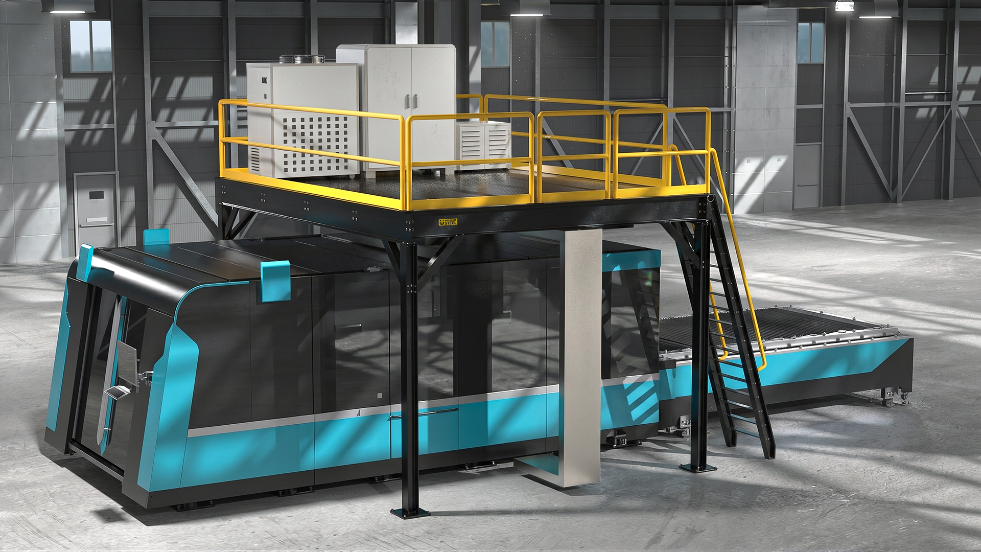 Laser mezzanine with industrial stair access and full-perimeter yellow safety handrail