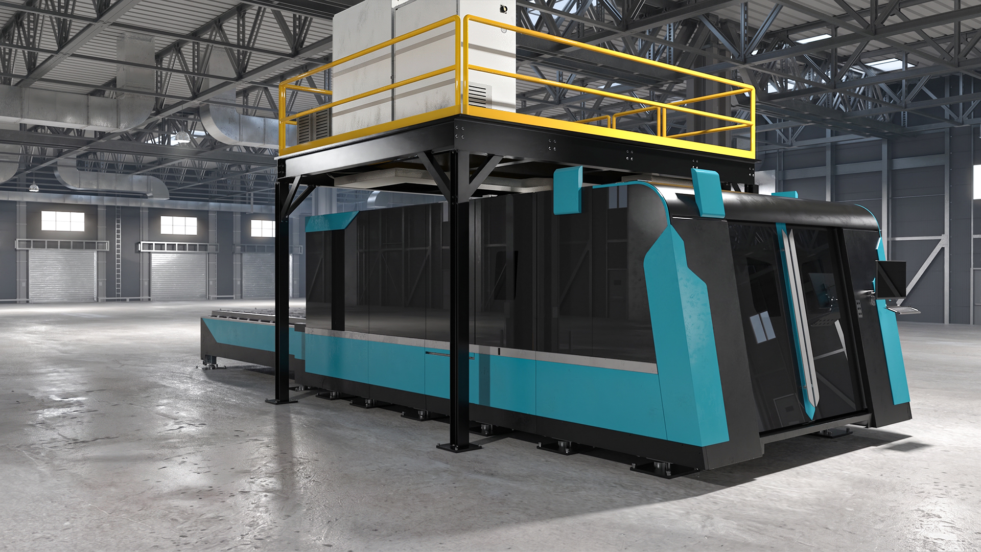 Front view of a structural steel laser mezzanine spanning a fiber laser cell