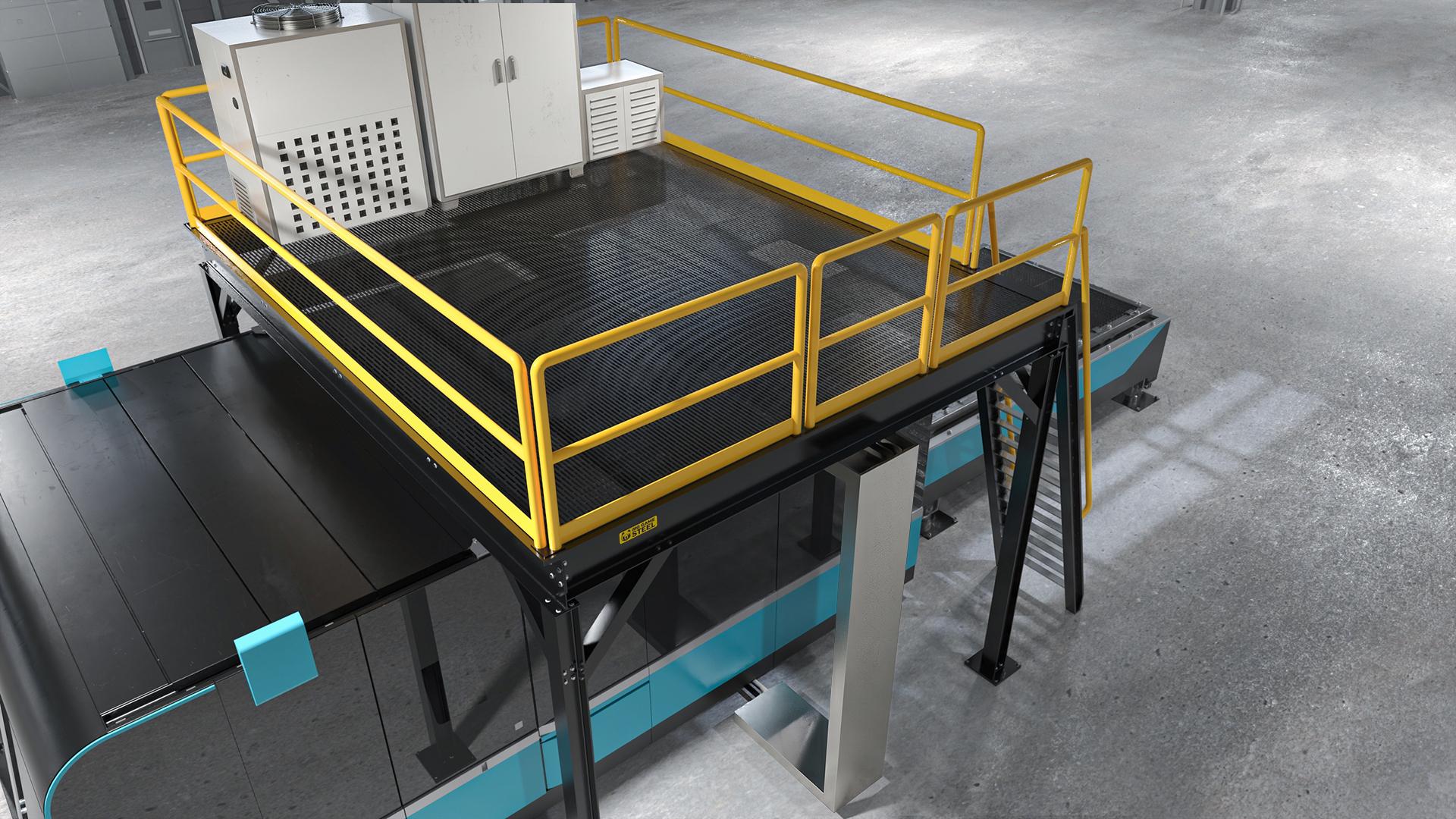 Big Game Steel laser mezzanine platform installed over a fiber laser cutting machine