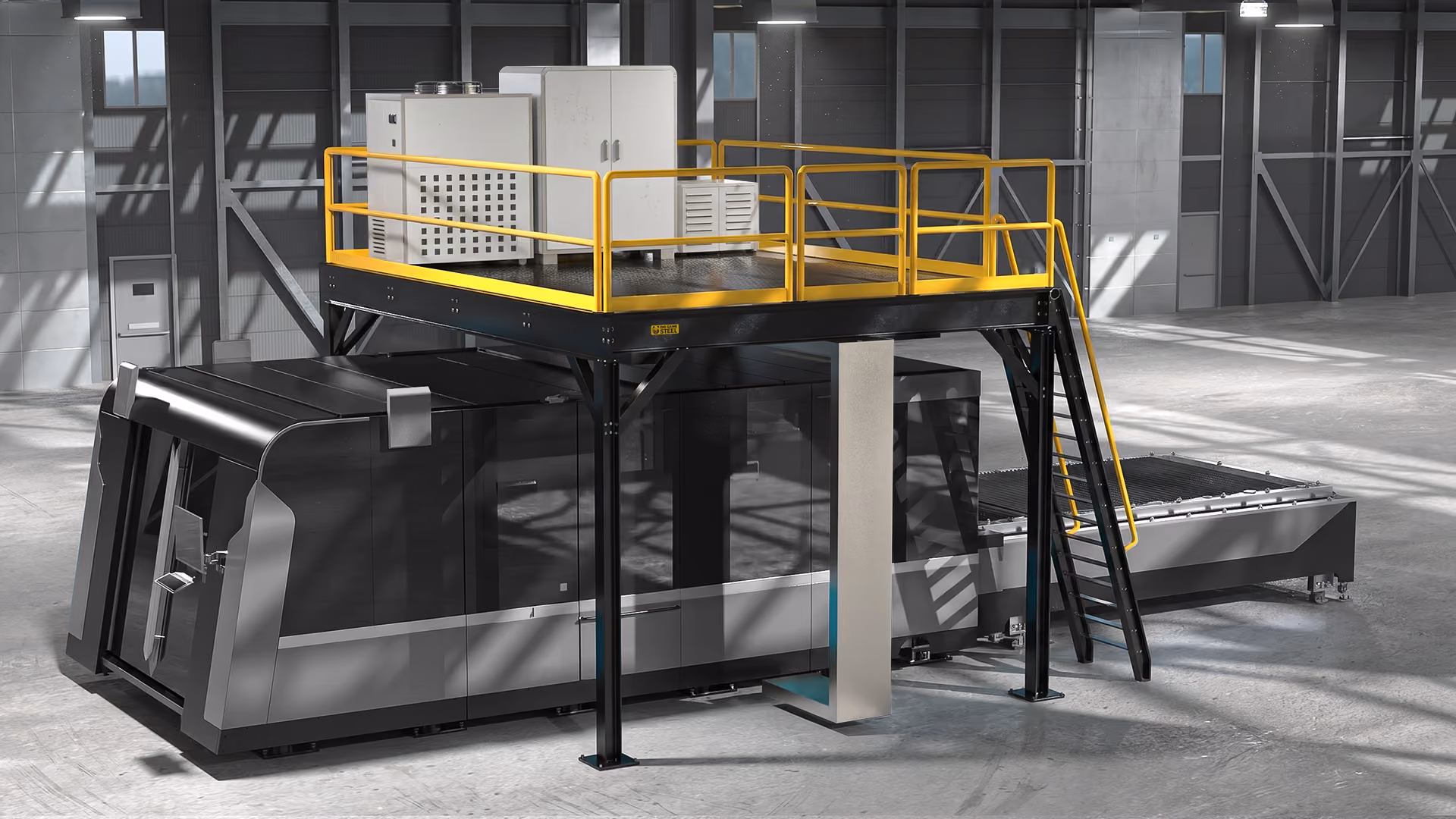 Laser mezzanine with industrial stair access and full-perimeter yellow safety handrail
