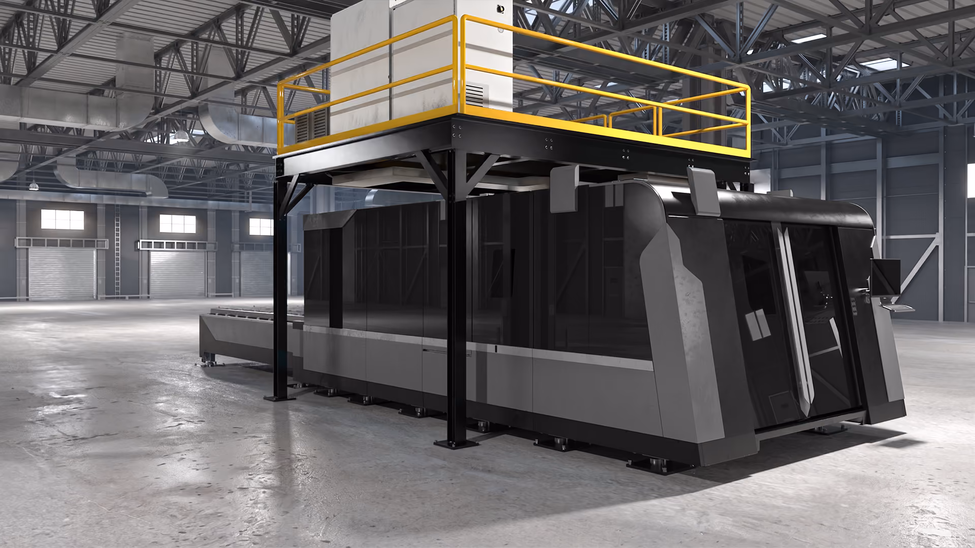Front view of a structural steel laser mezzanine spanning a fiber laser cell