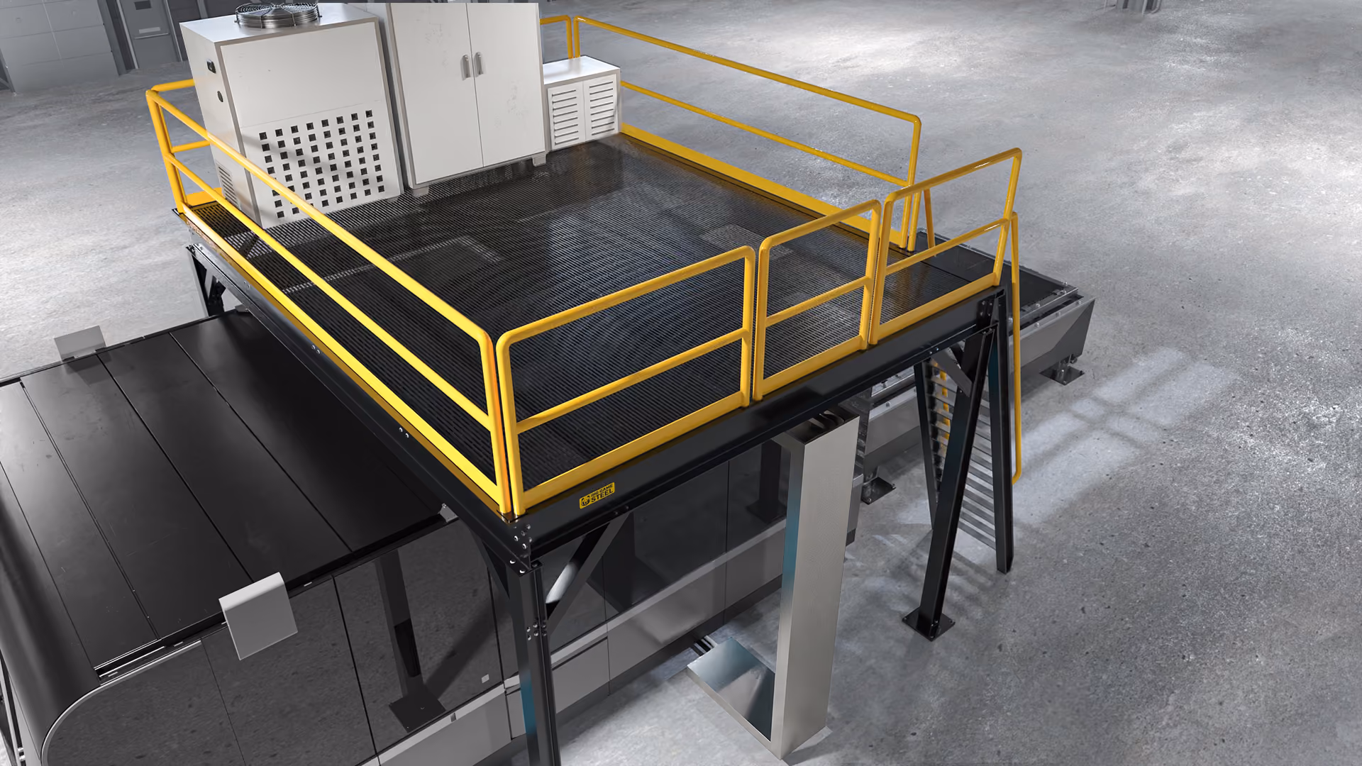 Big Game Steel laser mezzanine platform installed over a fiber laser cutting machine