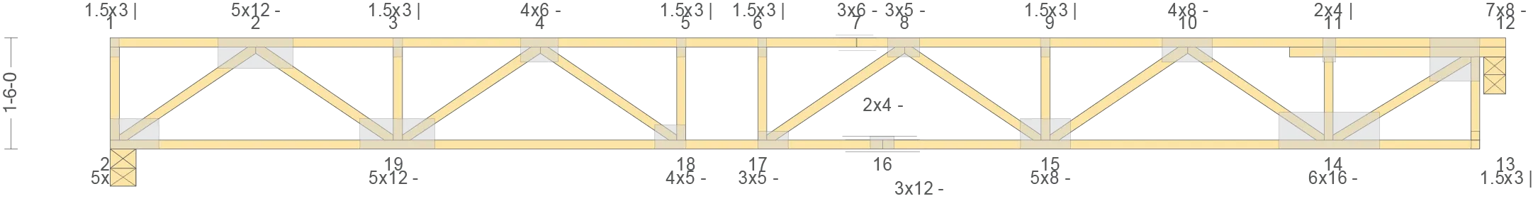 Diagram of a wooden floor truss showing top and bottom chords, webbing, bearing points, and strut supports.