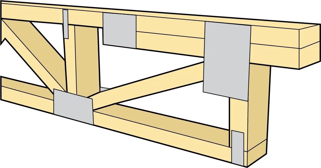 Diagram of a wooden truss with metal connector plates at joints.