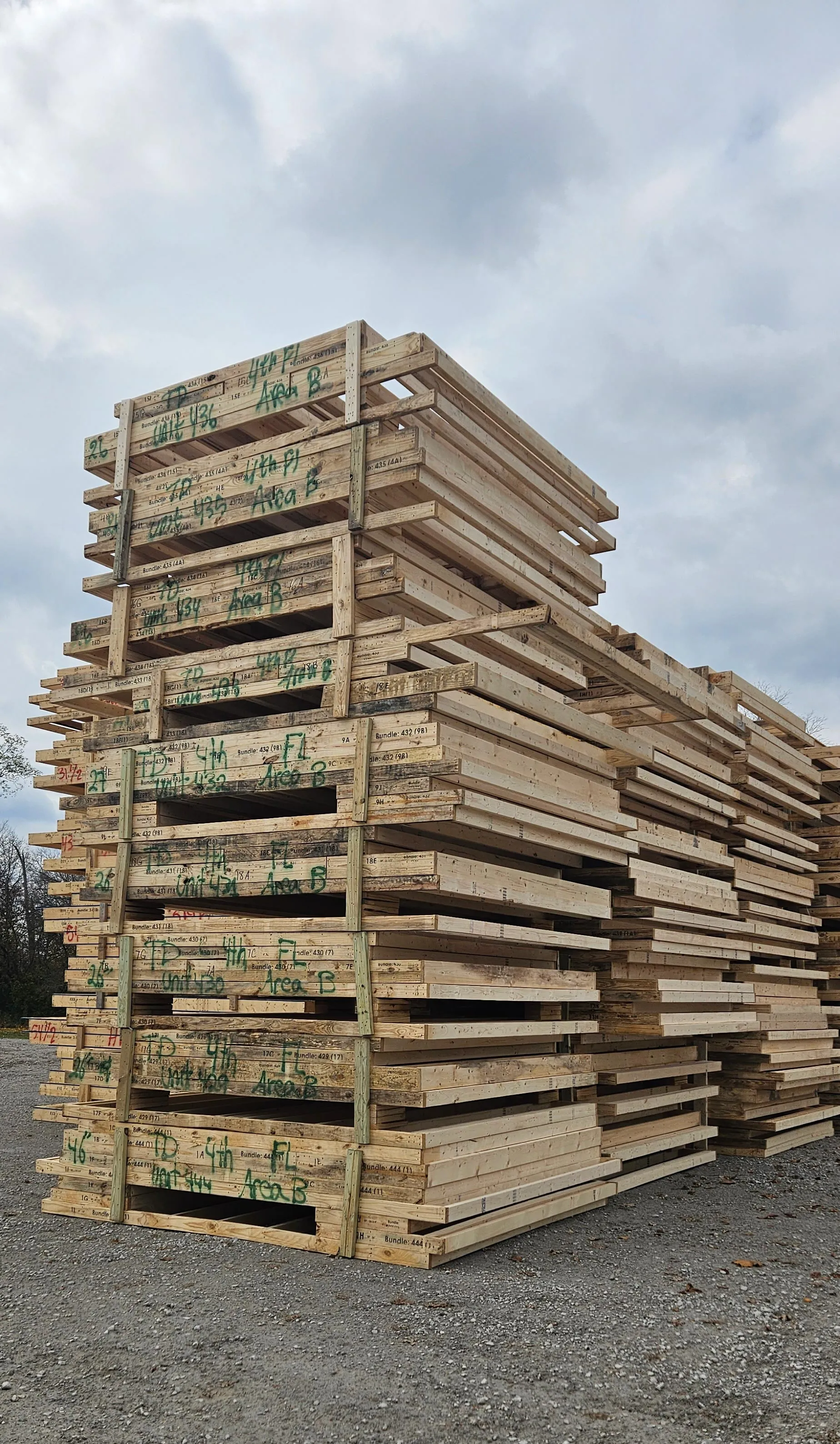 Stacks of wooden planks bundled and organized outdoors on gravel ground under a cloudy sky.