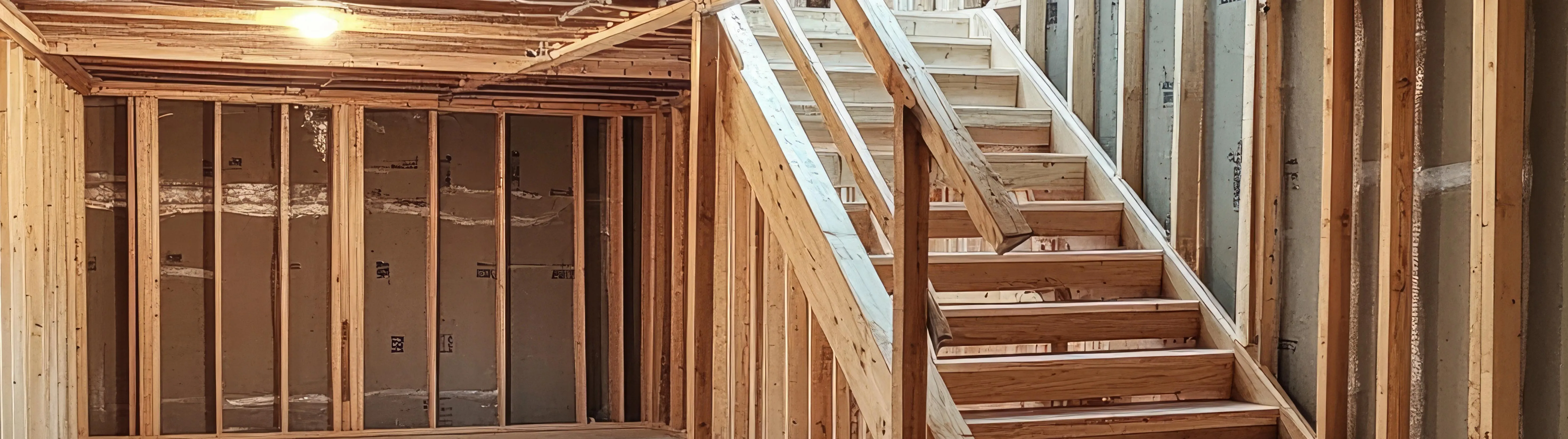 Wooden staircase under construction inside a framed house with exposed beams and wall studs.