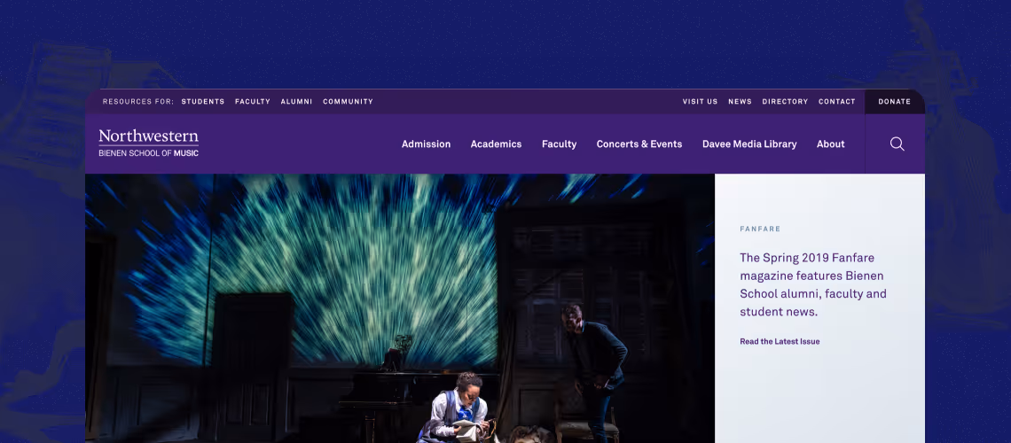 Northwestern Bienen School of Music website homepage with navigation links and a stage performance image. Sidebar highlights the Spring 2019 Fanfare magazine featuring alumni, faculty, and student news.