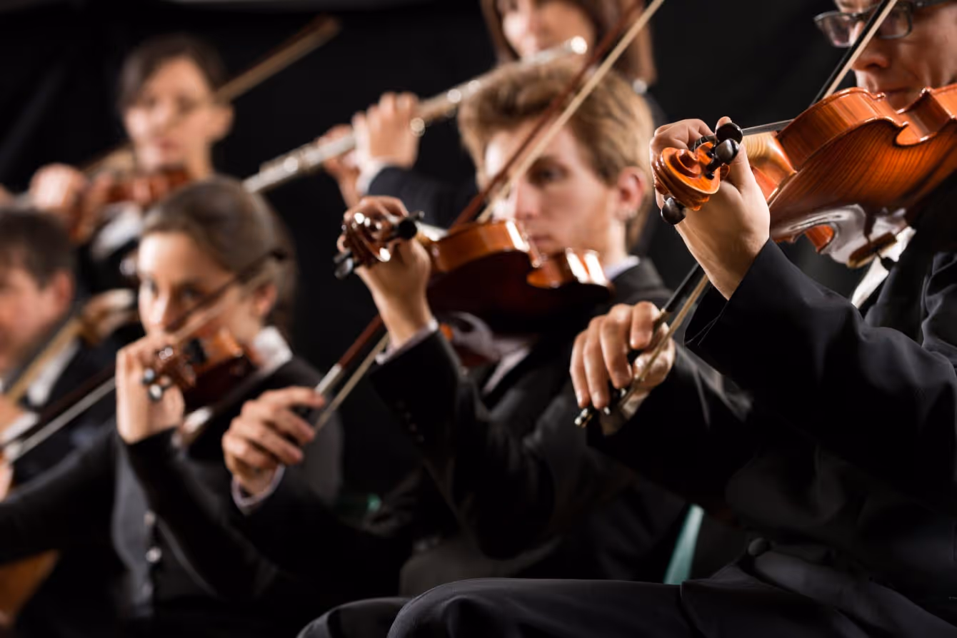 Close-up of an orchestra performing, with musicians playing violins and a flute.