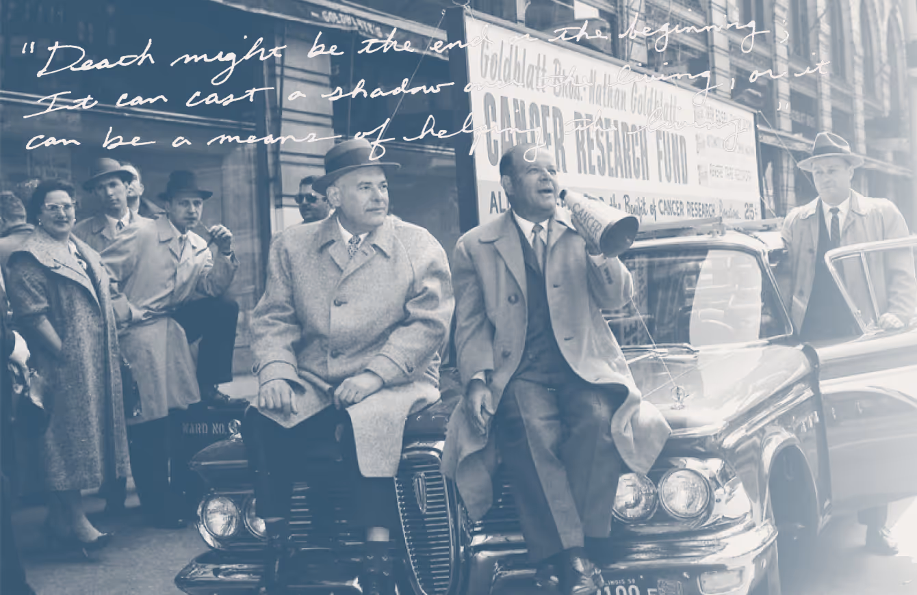 An old black and white photo of people promoting Cancer Research Fund