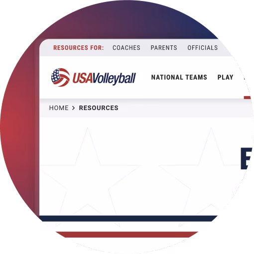 The USAV website navigation bar with links to resources for Coaches, Parents, and Officials
