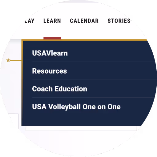 The USAV website dropdown nav, showing links to USAVlearn, Resources, Coach Education, and USA Volleyball One on One