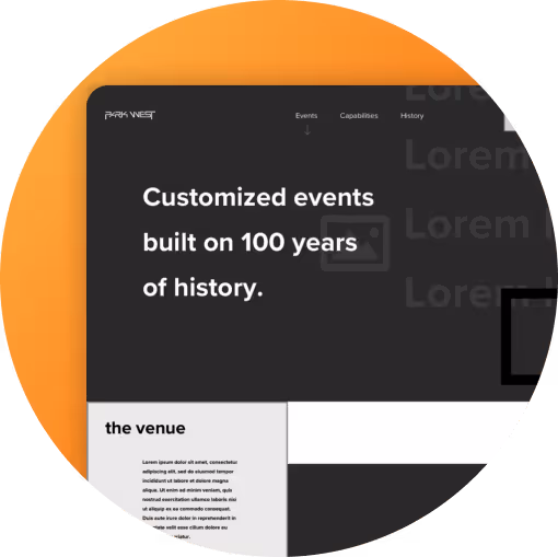 Wireframes of the Park West Homepage banner that reads "Customized events built on 100 years of history."