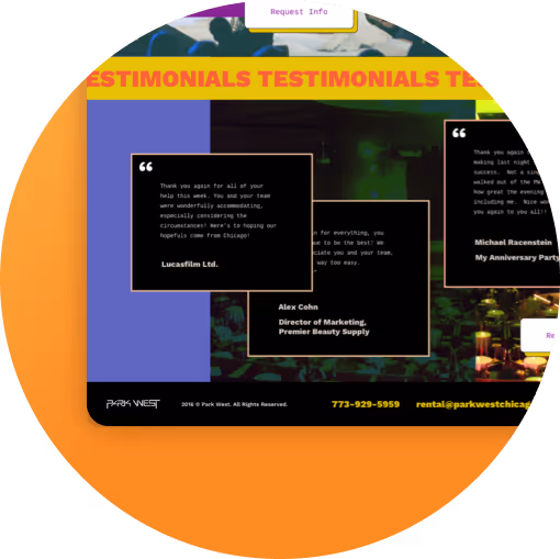 The funky design of the testimonials section of the Park West homepage