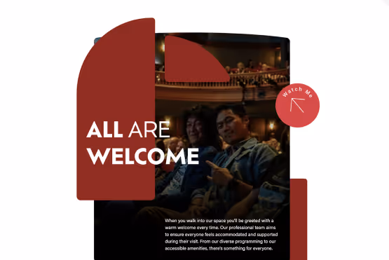 A section of the website that says "All are welcome" with an image of the audience