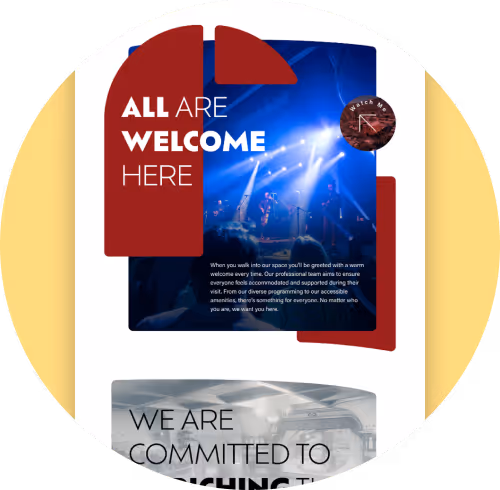 A design that says "All are welcome here" with a photo of a concert in the background.
