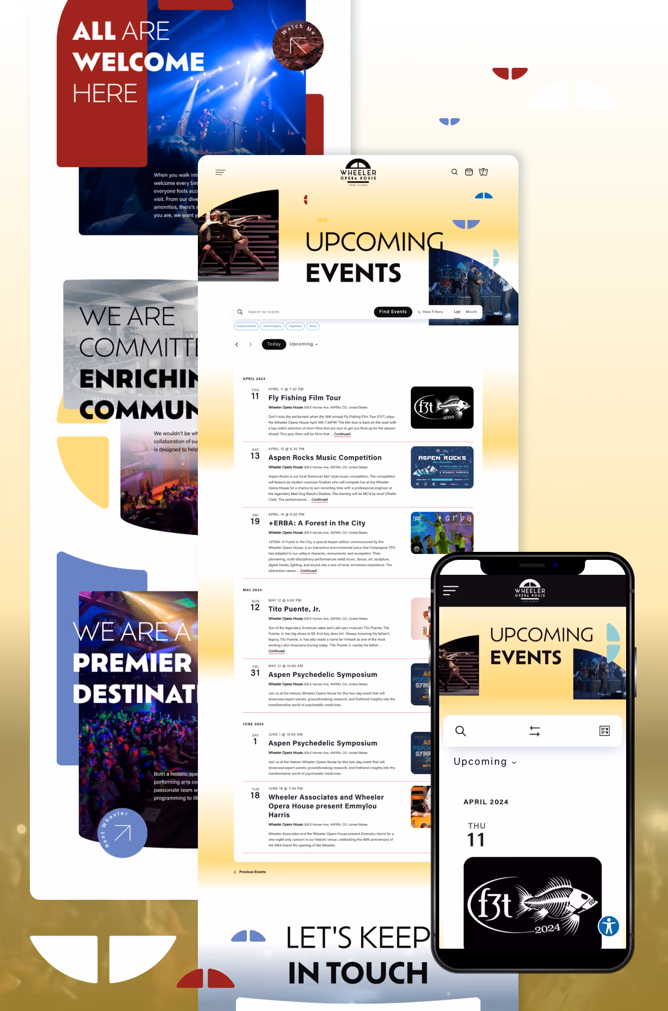 Mockup of the Wheeler Opera House website on desktop and mobile screens, showcasing the Upcoming Events page with listings for concerts and film tours. The design features a modern layout with bold typography, vibrant event imagery, and a gold and red color scheme. Additional panels highlight community values and inclusivity with phrases like ‘All Are Welcome Here’ and ‘We Are a Premier Destination.