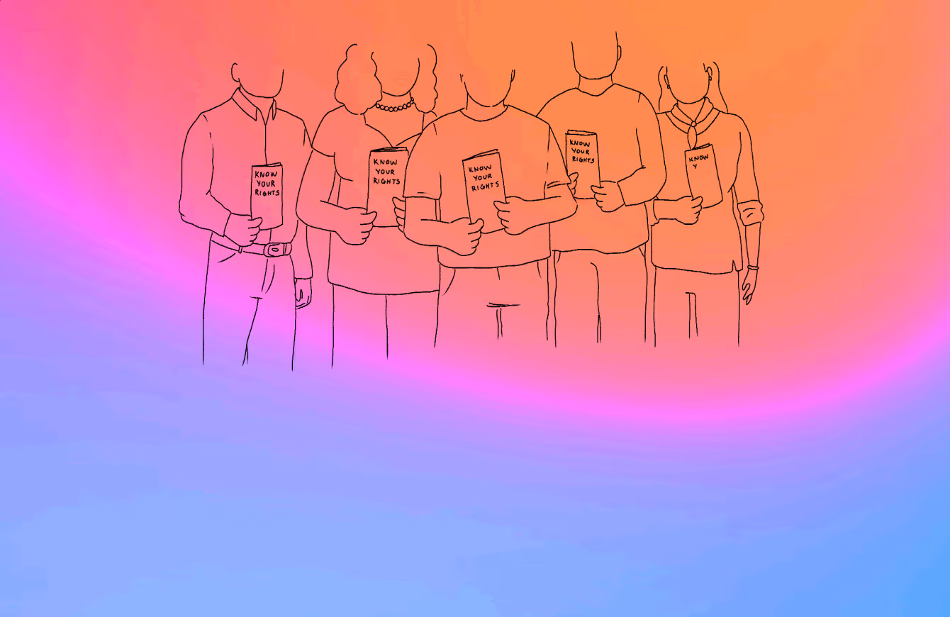 A simple line drawing of 5 people holding brochures that say "Know your rights".