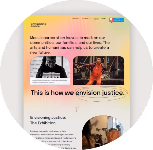 The homepage design, with the title "This is how we envision justice"