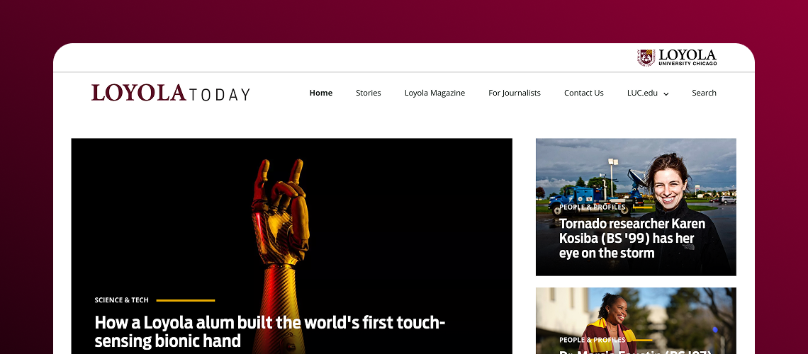 The Loyola Today homepage design with three articles visible.