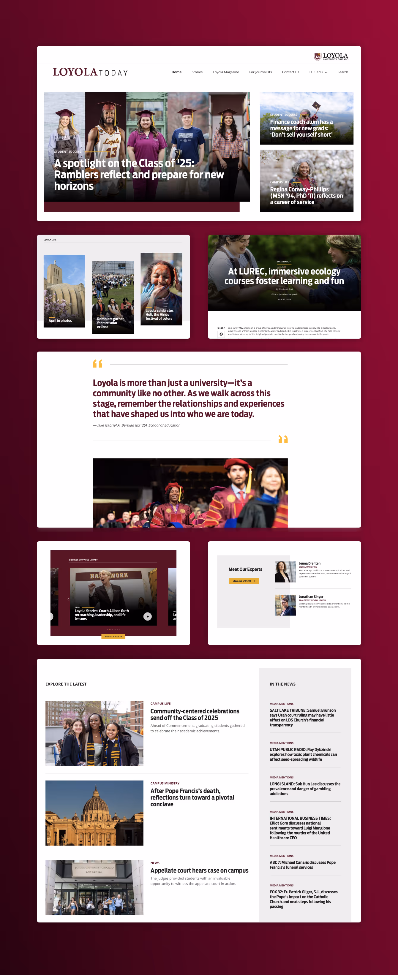 Collage of multiple Loyola University Chicago website pages, showcasing student stories, expert features, news articles, videos, and campus life content.