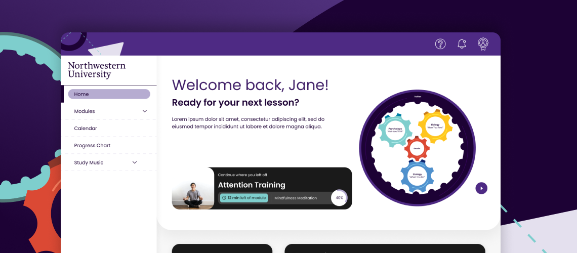 Dashboard interface for Northwestern University learning platform with welcome message and progress tracker for a mindfulness module.