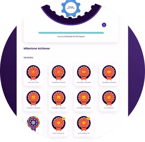 Milestone achievement dashboard displaying module badges and gear progress tracker.