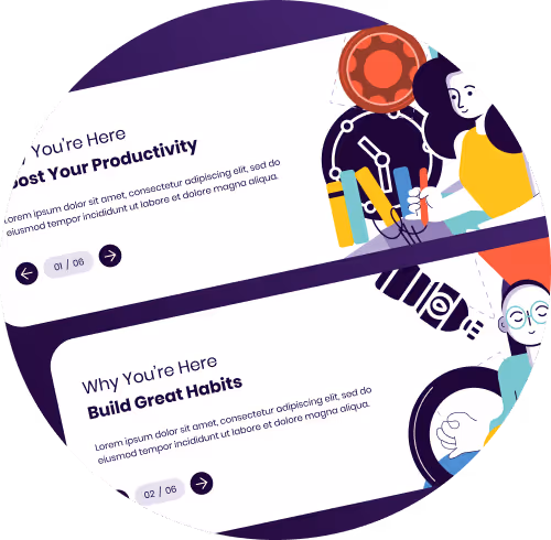 Illustrated slides from a course module promoting productivity and habit-building.