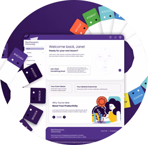 Northwestern University learning platform homepage with colorful cards and welcome message for the student.